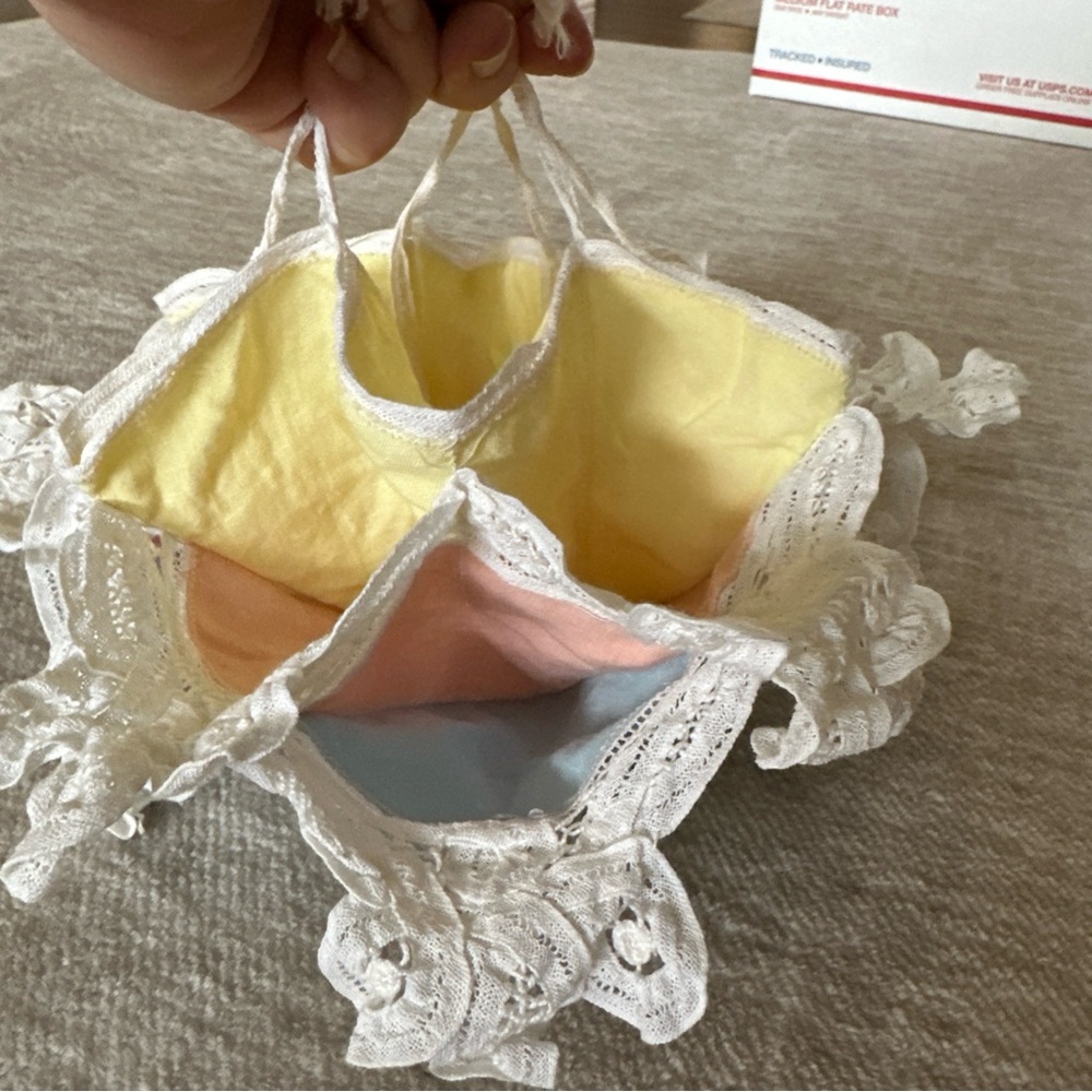 White Lace Multi-Compartment victorian  roll holder, Pastel Yellow, Pink & Blue